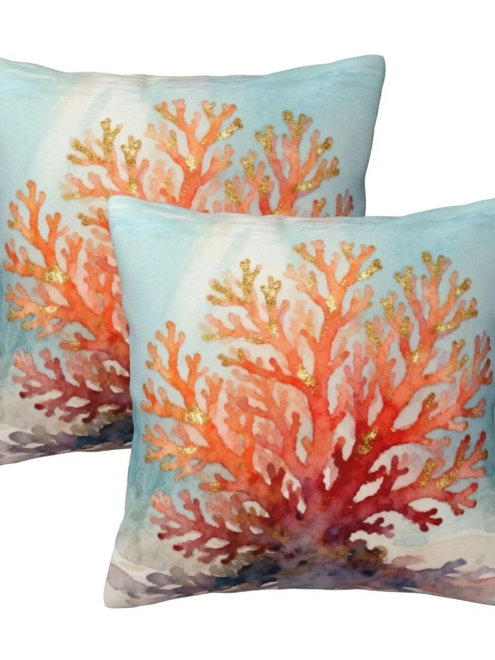 Coastal Beach Coral Throw Pillow Covers 18x18 in Set of 2, Decor Decorative Blue